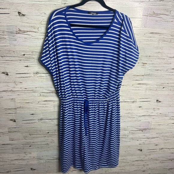 Olsen blue white striped dress with drawstring midi size 14 - Picture 1 of 7